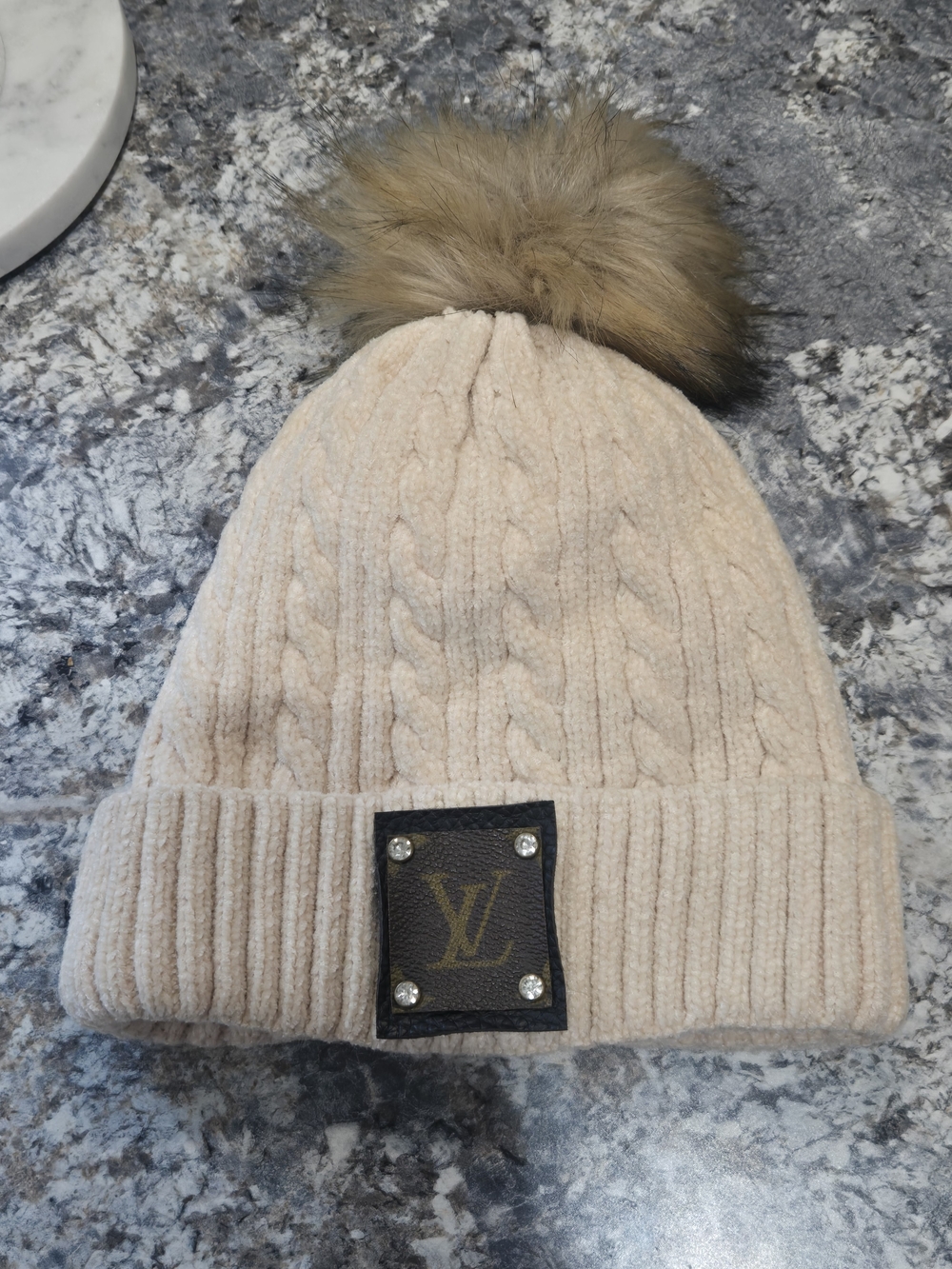 Louis Vuitton Custom Cream Cable Knit Beanie with Brown Fur Pom